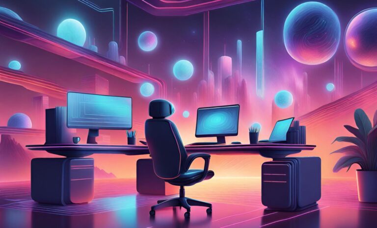 a vibrant, futuristic workspace with a blend of office tools and AI elements. You can have a desk with a computer, coffee cup, and notebooks merged seamlessly with AI-related visuals like neural network patterns and floating lines of code.