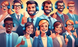 A collage of customer support representatives from different businesses, all smiling and giving thumbs up signs