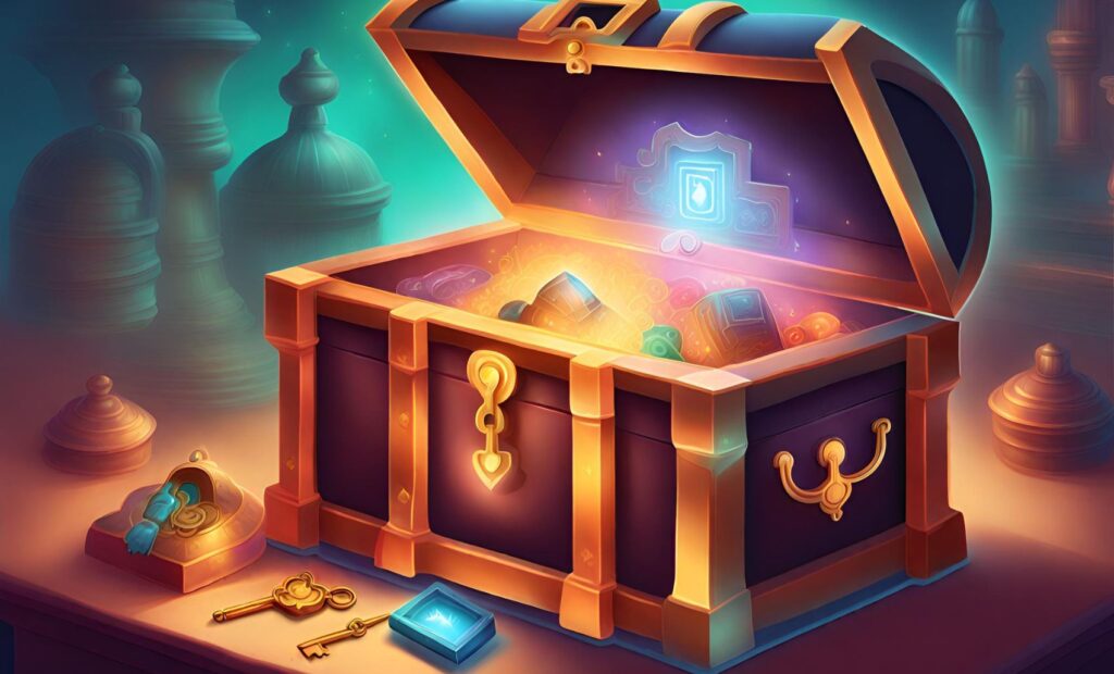 a key unlocking a treasure chest filled with diverse items representing the various fields Generative AI is impacting. The key could be shaped like a prompt, and the chest could contain images of drug molecules, a computer screen with text, materials, and more
