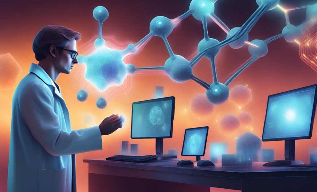 problem formulation use case : A dynamic montage of different scenarios showing Generative AI in action. This could include a scientist in a lab coat examining a molecular structure, a writer at a computer generating content, and a security camera capturing a generated image. Overlay AI-related graphics and data visualizations to convey the breadth of AI applications in drug discovery, content creation, and computer vision.