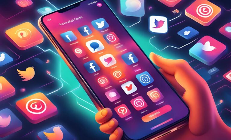 a vibrant and visually appealing social media feed on a smartphone screen. It includes elements of AI-generated content like images, videos, and text. The image represents the concept of personalized content and engagement through the use of Generative AI. It portrays a dynamic and lively social media experience