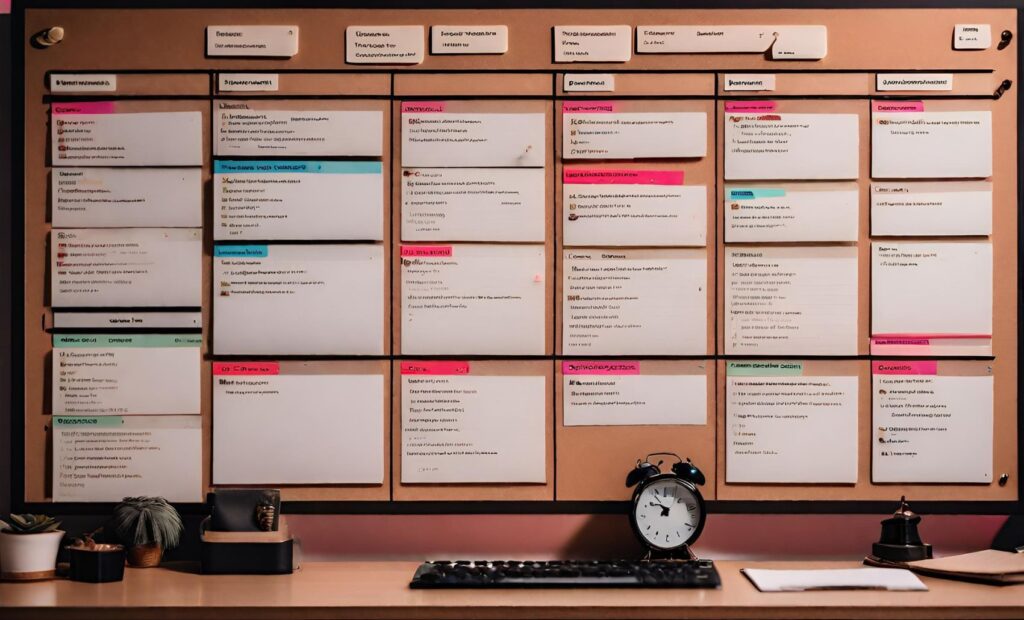 A visual representation of Notion's robust task management and project planning capabilities, illustrating a project board with tasks, due dates, priorities, and statuses. The image should emphasize the organization, efficiency, and overview provided by Notion's task management features